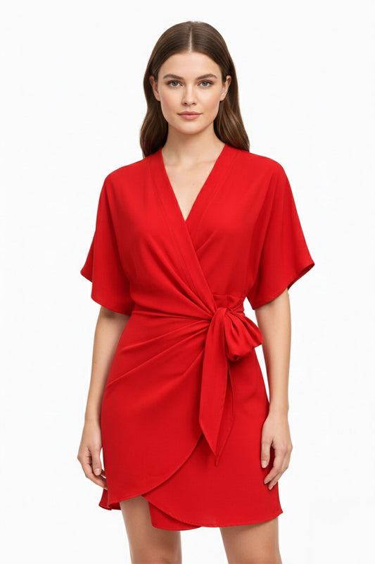 Red Kimono Sleeve V-Neck Tie-Up Mini Dress
