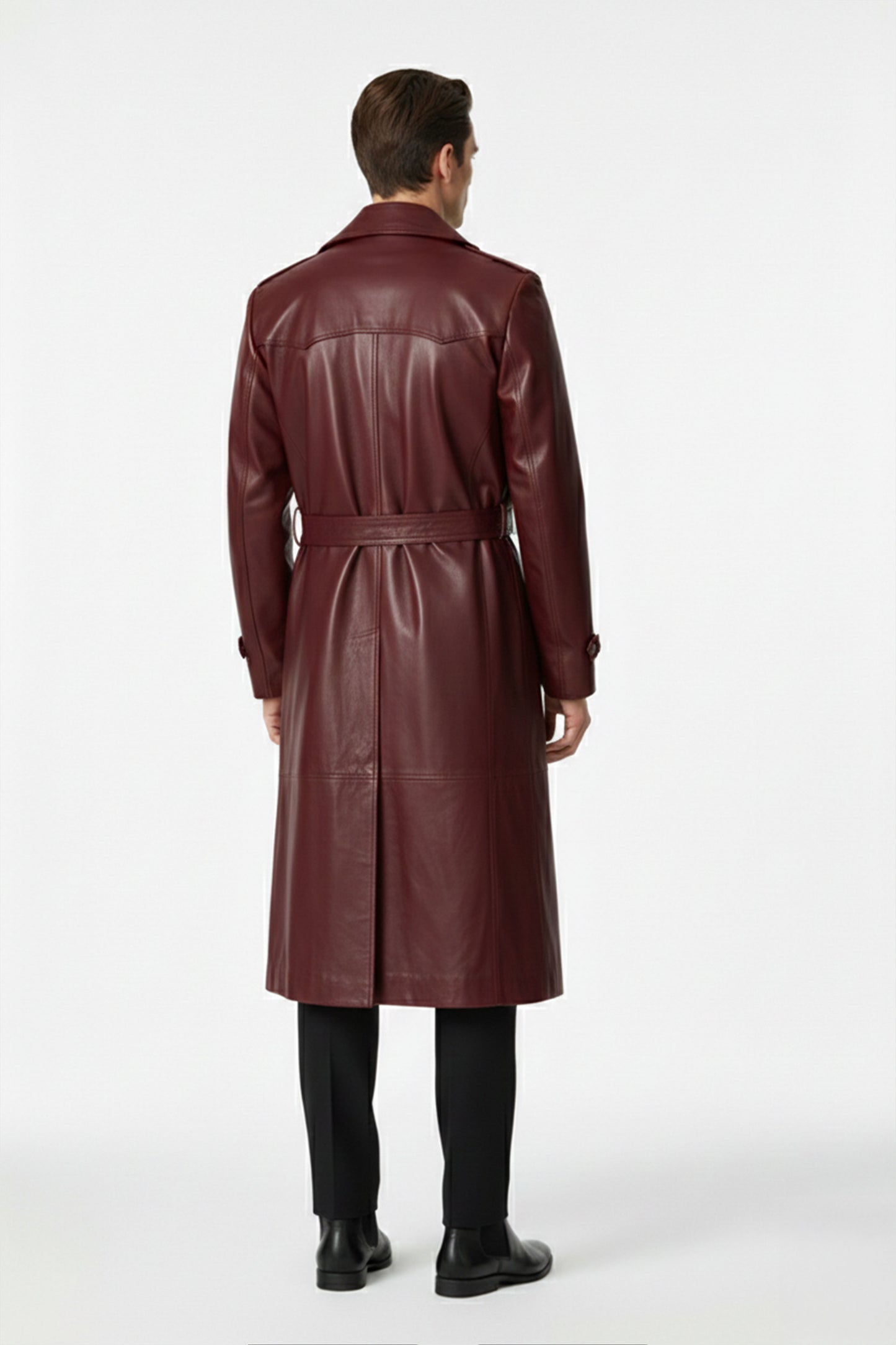Burgundy Genuine Leather Men's Long Trench Coat