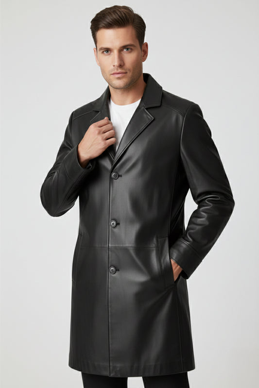 Men's Genuine Leather Regular Fit Long Coat