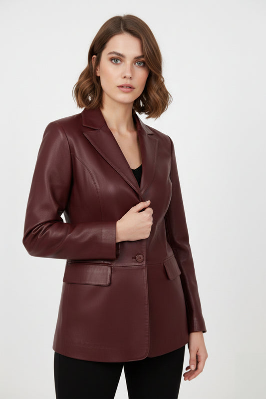 Women's Burgundy Genuine Leather Blazer Jacket