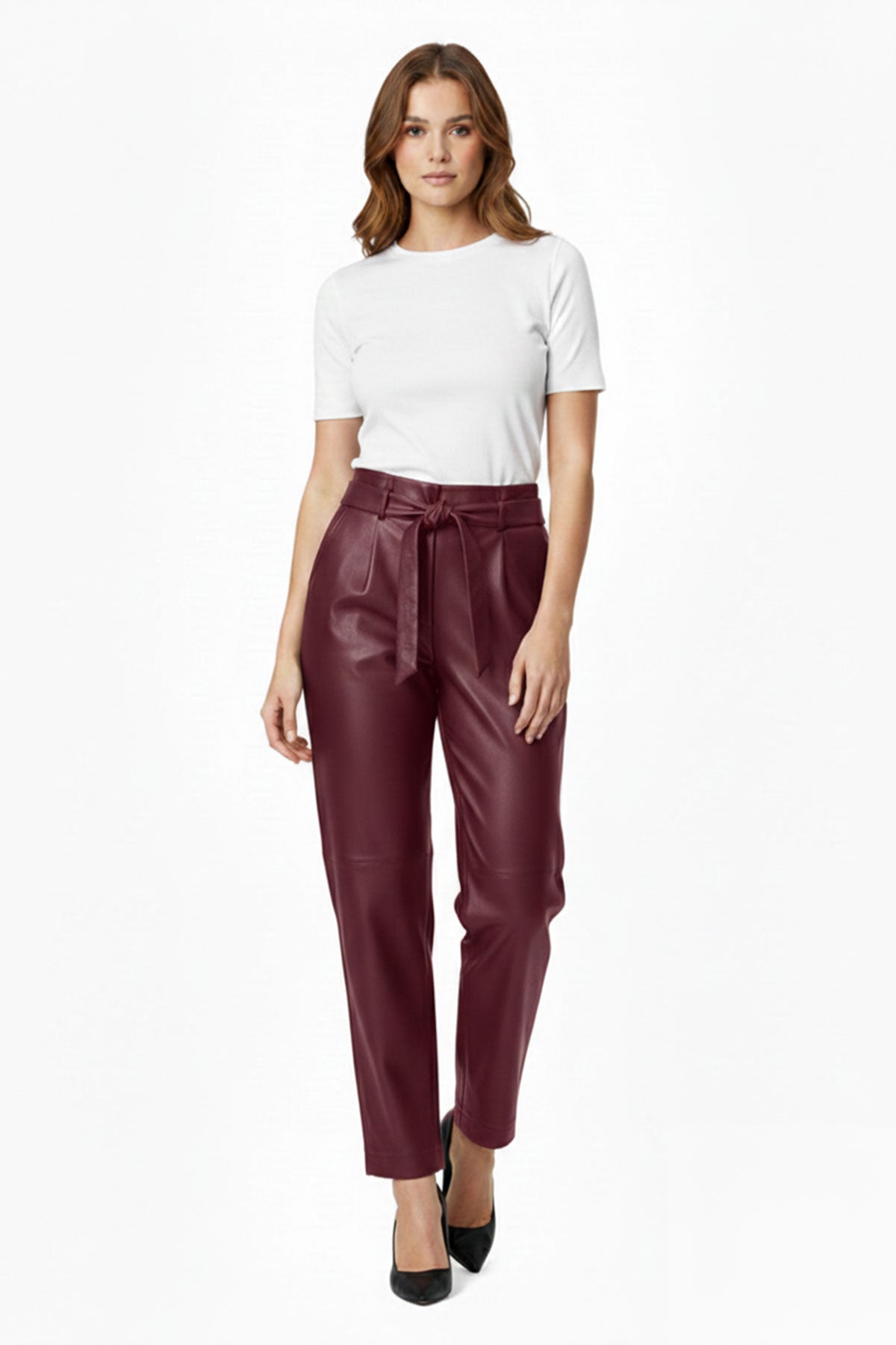Burgundy Women's Carrot Cut Belted Lined Genuine Leather Trousers with Front Pockets
