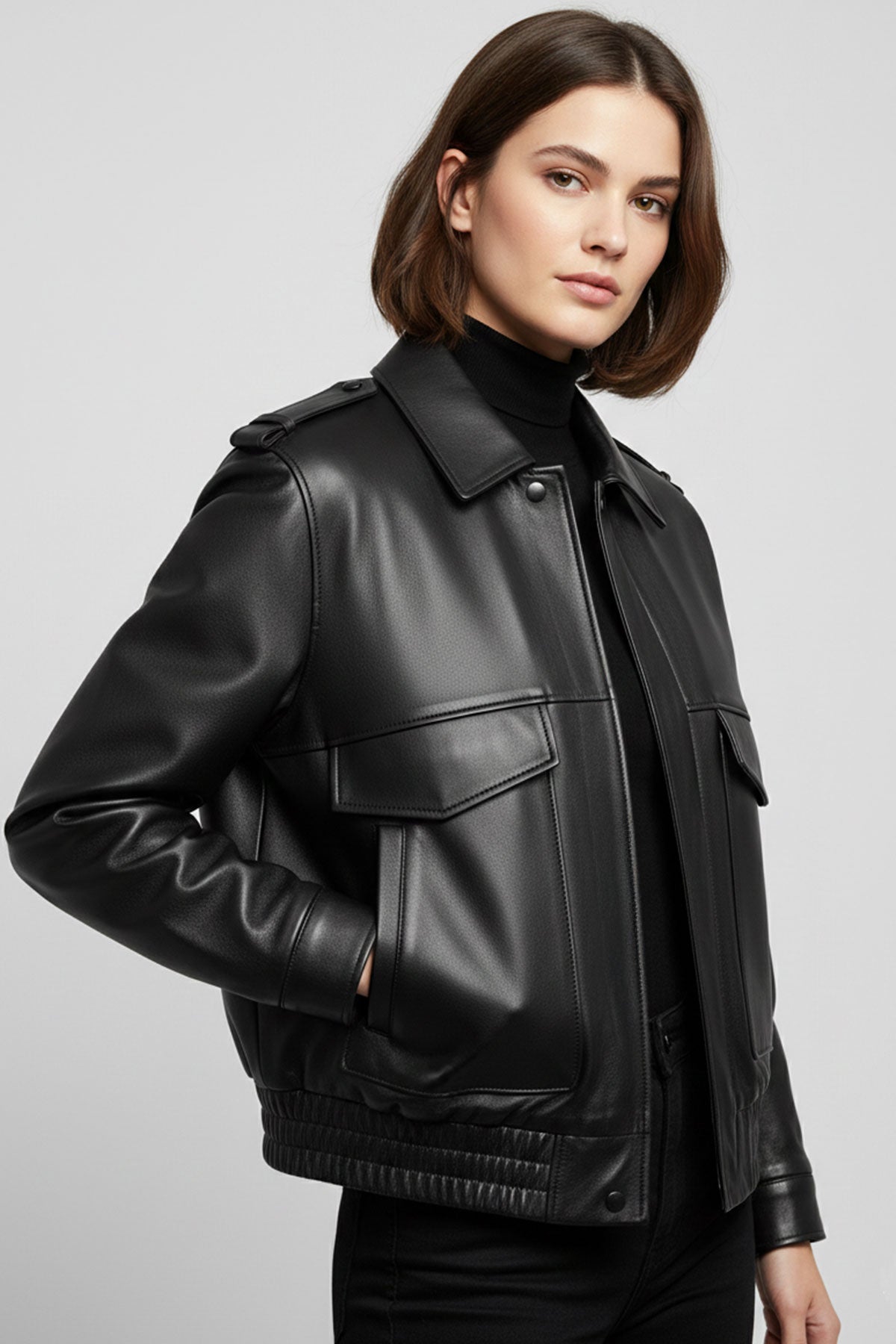 Black Women’s Genuine Leather Bomber Jacket