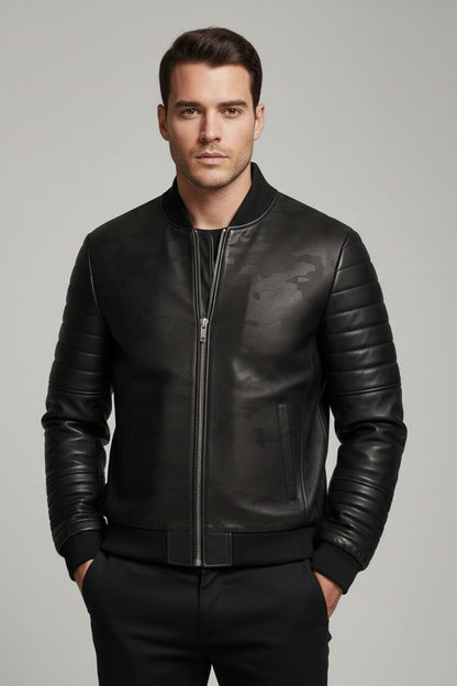 Black Camouflage Textured Genuine Leather Jacket