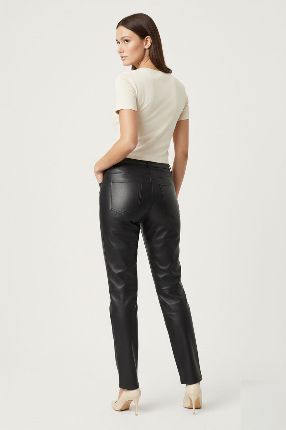 Black Lora Regular Waist Straight Leg Women's Genuine Leather Trousers