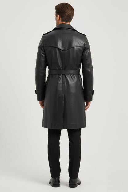 Men's Black Axel Genuine Leather Long Jacket with Lining and Slits