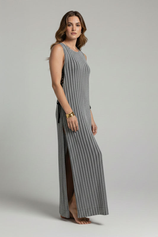 Women's Silver Shimmering Glitter Striped Long Beach Dress