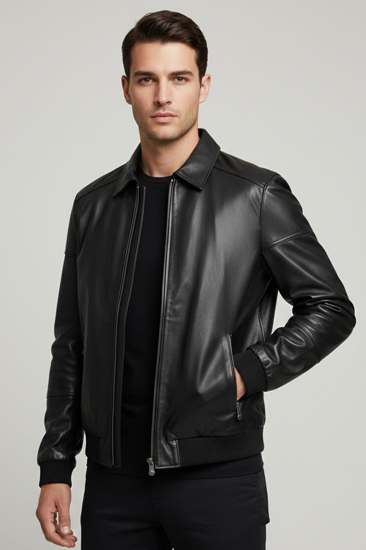 Black Classic Collar Genuine Leather Jacket