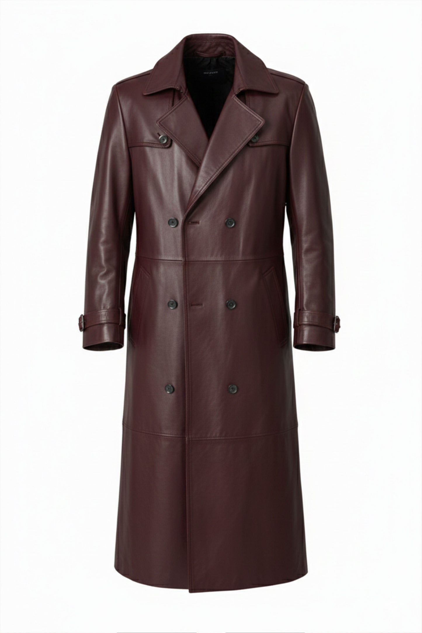 Burgundy Genuine Leather Men's Long Trench Coat