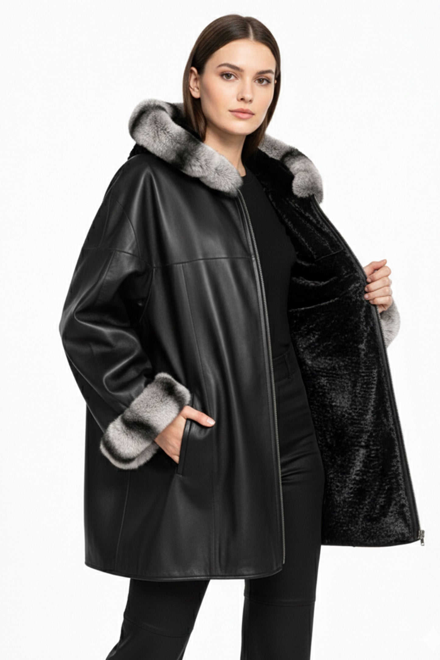 Black Wide Cut Inner Fabric Double-sided Hoodie and Sleeve brim Fur Women's Genuine Leather Coat