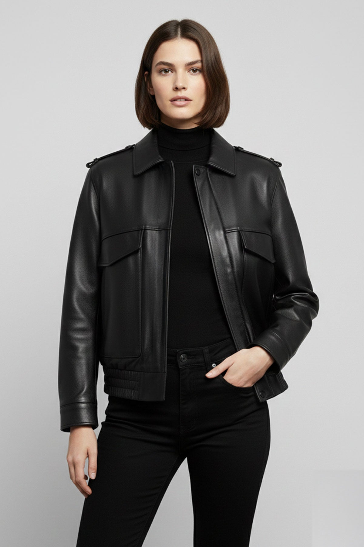 Black Women’s Genuine Leather Bomber Jacket