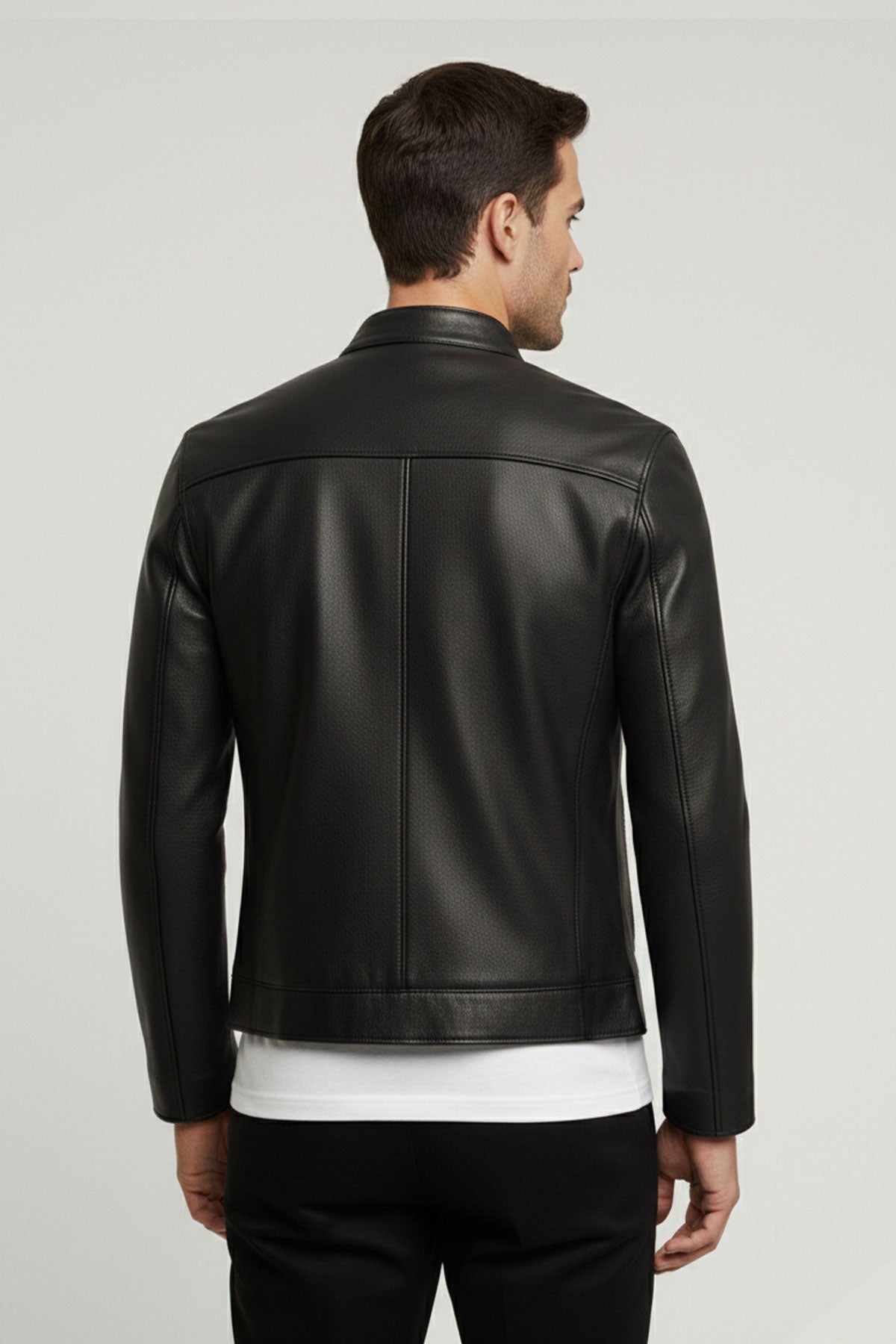 Black Stand Collar Genuine Leather Men’s Jacket
