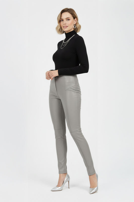 Grey Women's Leggings, Unlined, Front Zipper and Button Closure, Pocketless, Slim Fit, Genuine Stretch Leather Pants