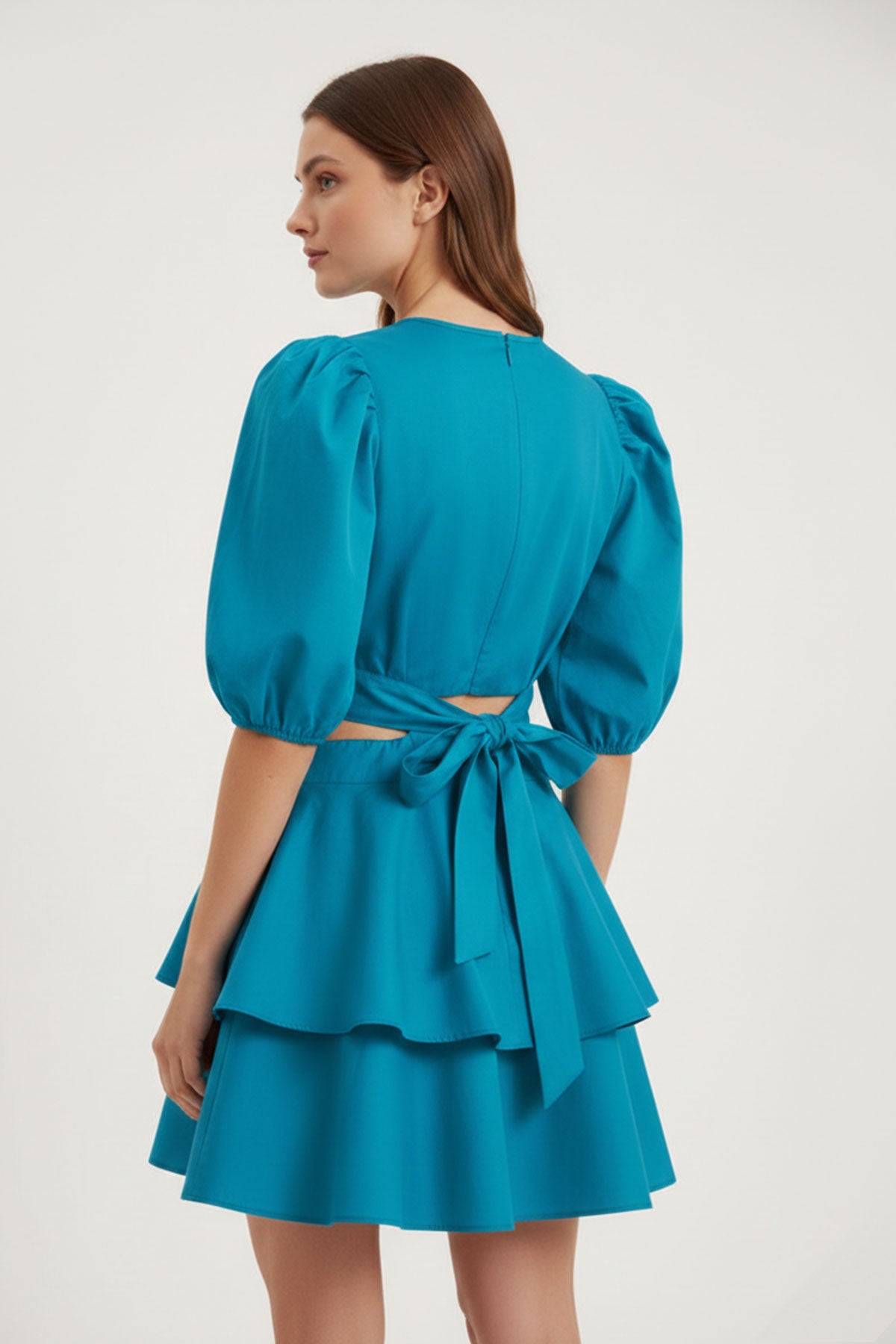 Blue Mini Dress Waistline and Ruffled Trim