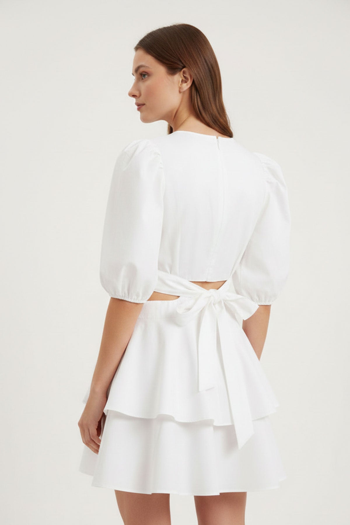 White Mini Dress Waistline and Ruffled Trim