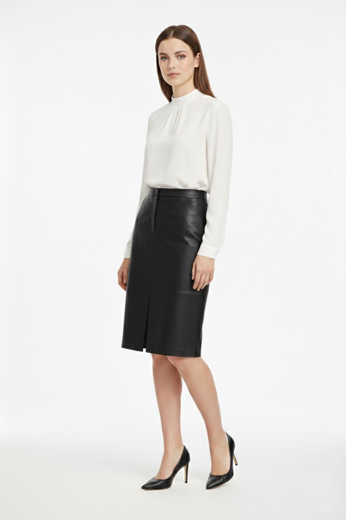 Classic Black Leather Skirt with Slit