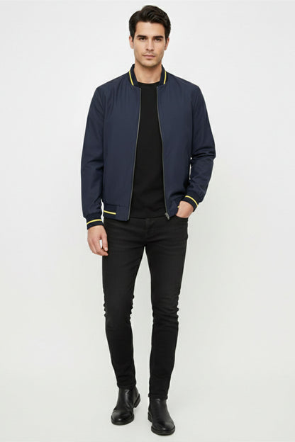 Navy Ribbed Genuine Leather Bomber Jacket