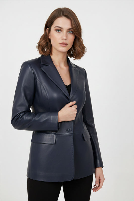 Women's Navy Blue Genuine Leather Blazer Jacket