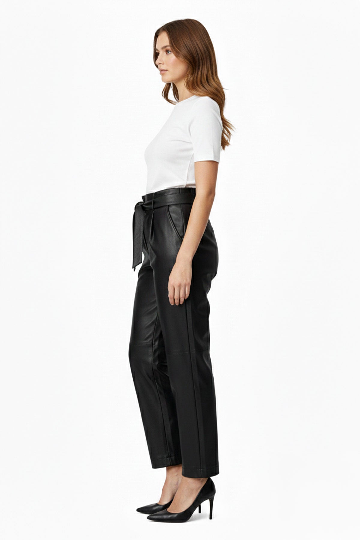 Black Women's Carrot Cut Belted Lined Genuine Leather Pants with Front Pockets