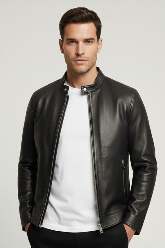 Black Stand Collar Genuine Leather Men’s Jacket