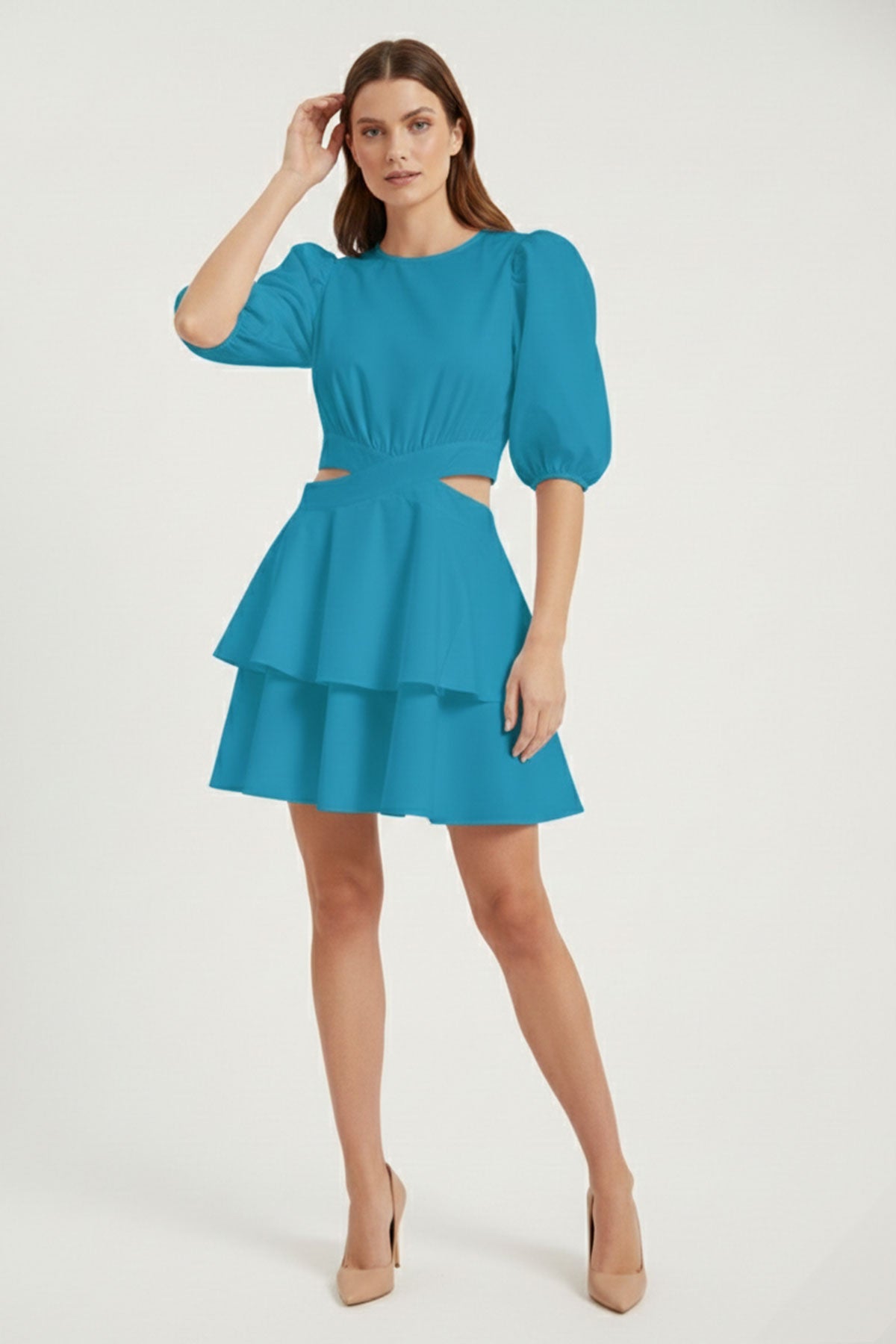 Blue Mini Dress Waistline and Ruffled Trim