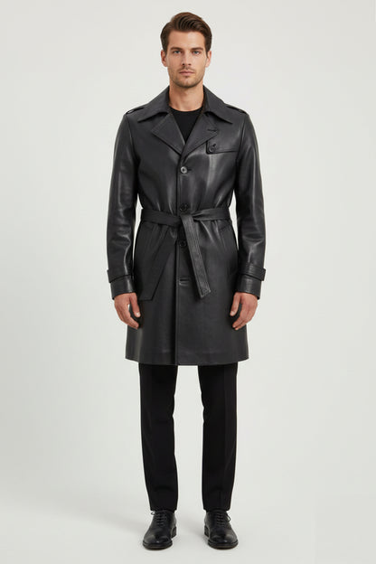 Men's Black Axel Genuine Leather Long Jacket with Lining and Slits