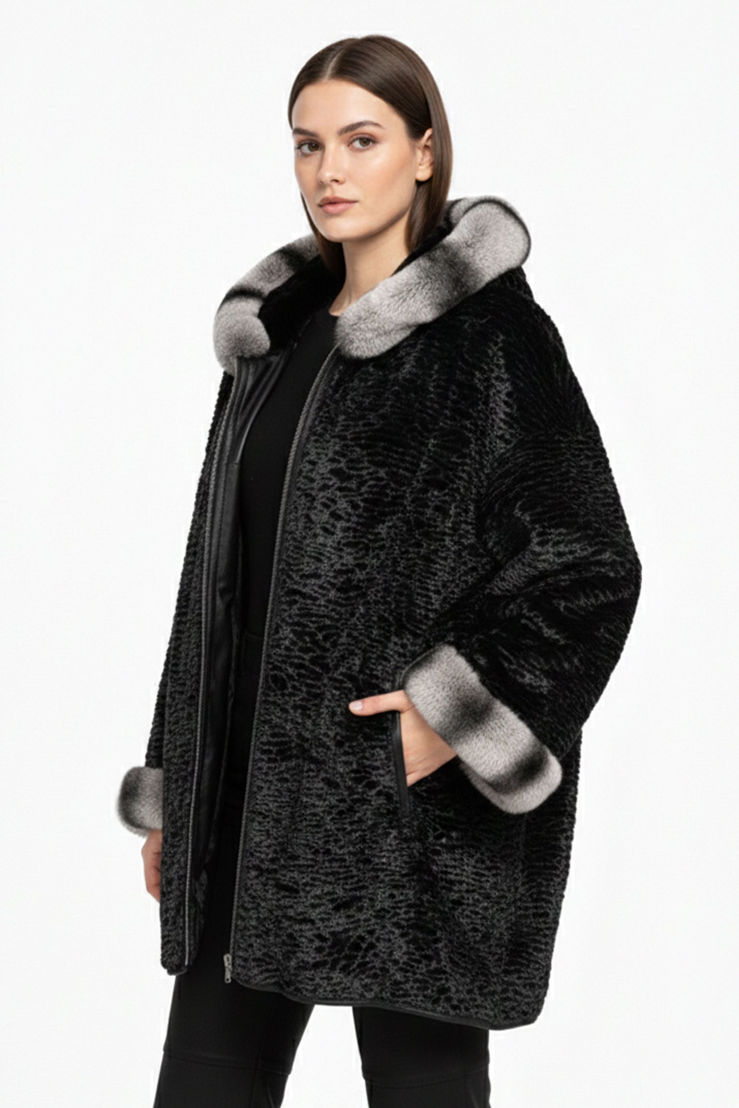 Black Wide Cut Inner Fabric Double-sided Hoodie and Sleeve brim Fur Women's Genuine Leather Coat