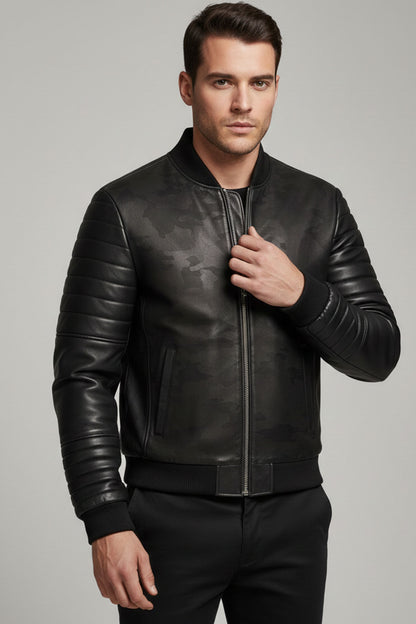 Black Camouflage Textured Genuine Leather Jacket