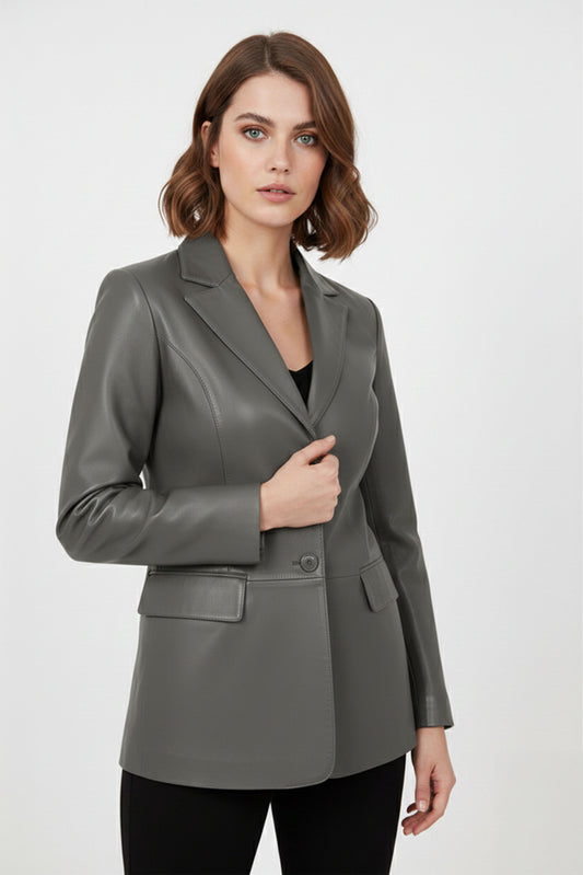 Women's Gray Genuine Leather Blazer Jacket