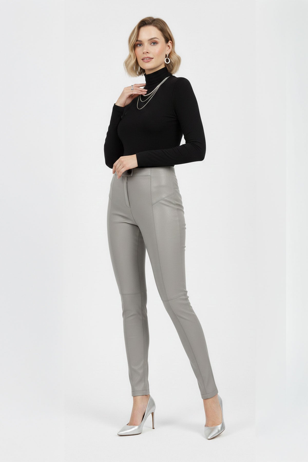 Grey Women's Leggings, Unlined, Front Zipper and Button Closure, Pocketless, Slim Fit, Genuine Stretch Leather Pants