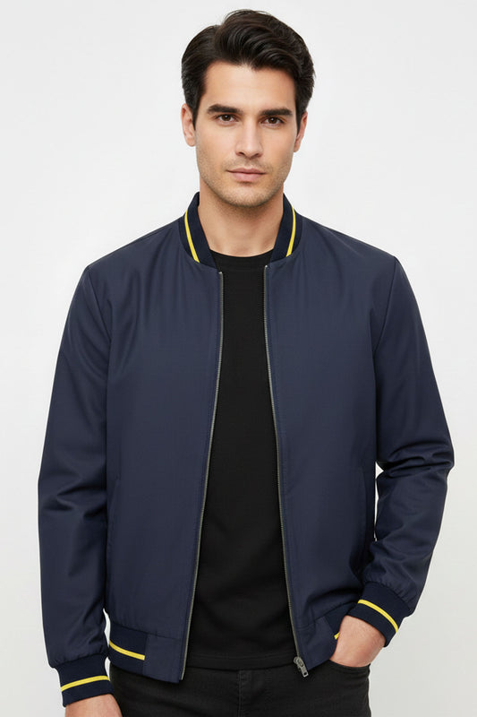 Navy Ribbed Genuine Leather Bomber Jacket