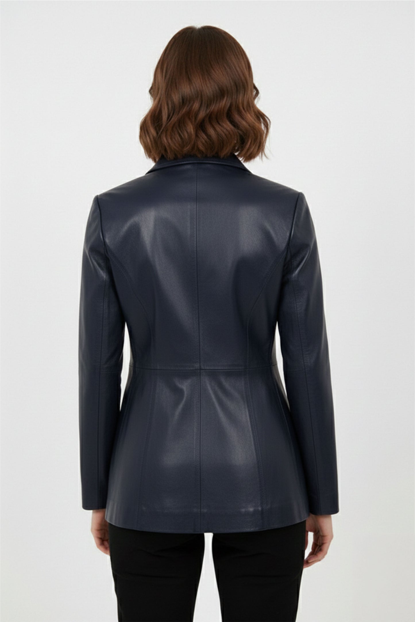 Women's Navy Blue Genuine Leather Blazer Jacket