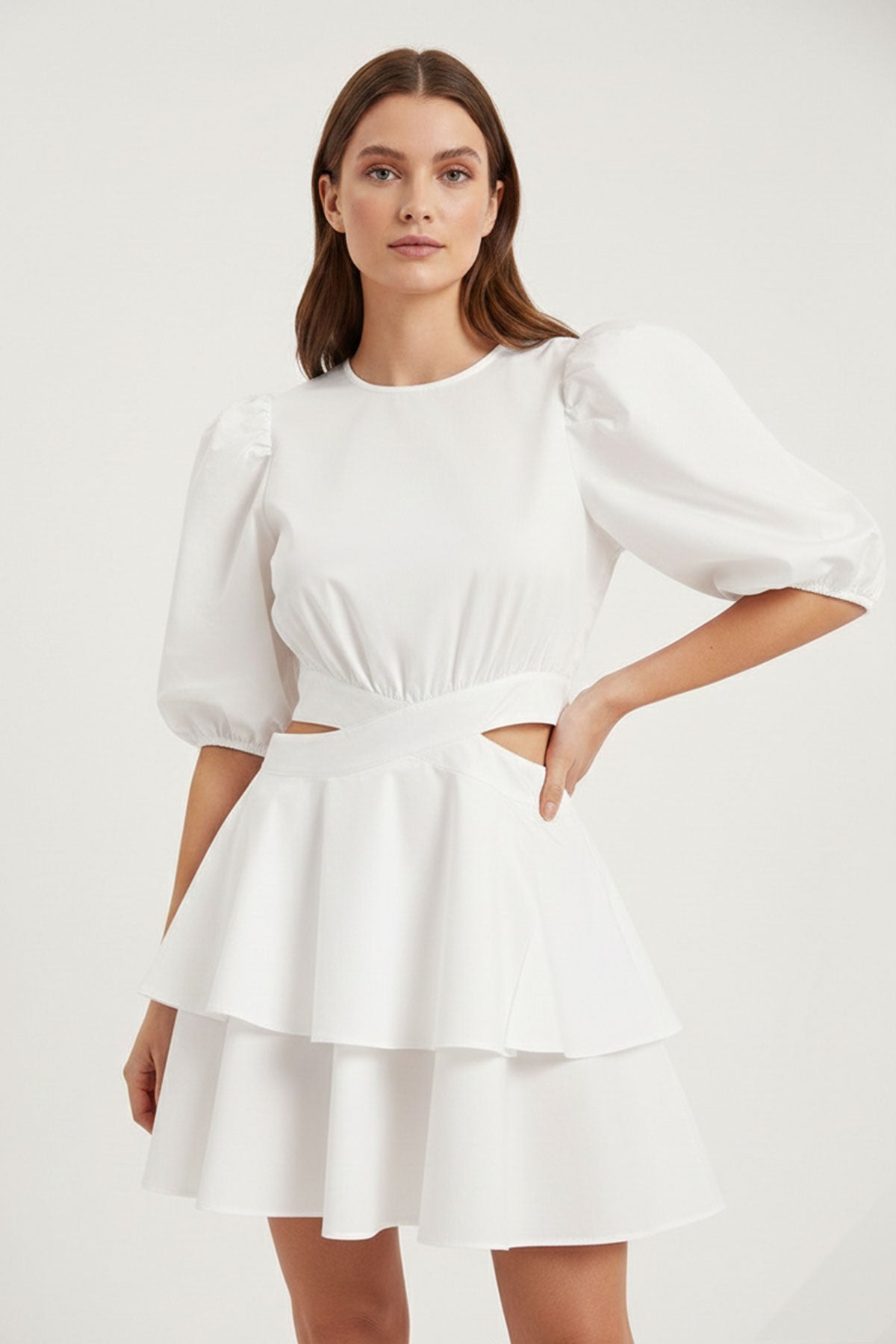 White Mini Dress Waistline and Ruffled Trim