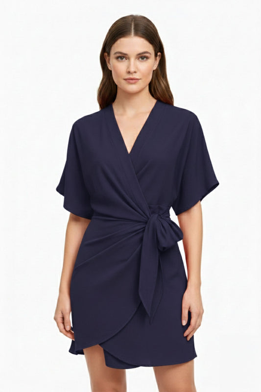 Navy Blue Kimono Sleeve V-Neck Tie Mini Dress