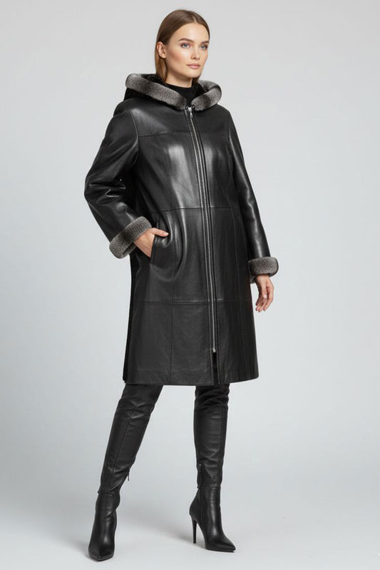 Black Wide Cut Inner Fabric Double-sided Hoodie and Sleeve brim Fur Women's Genuine Leather Coat