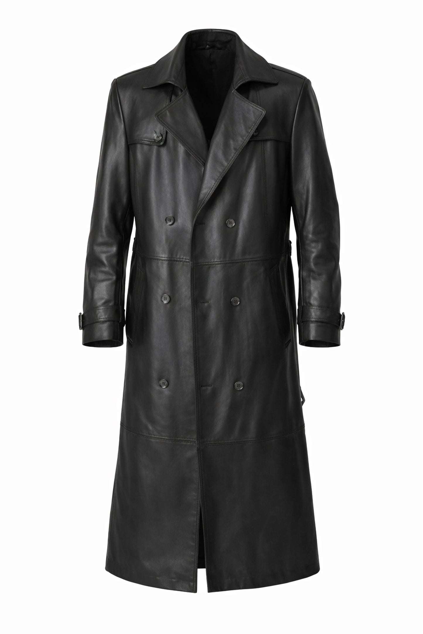 Black Genuine Leather Men's Long Trench Coat