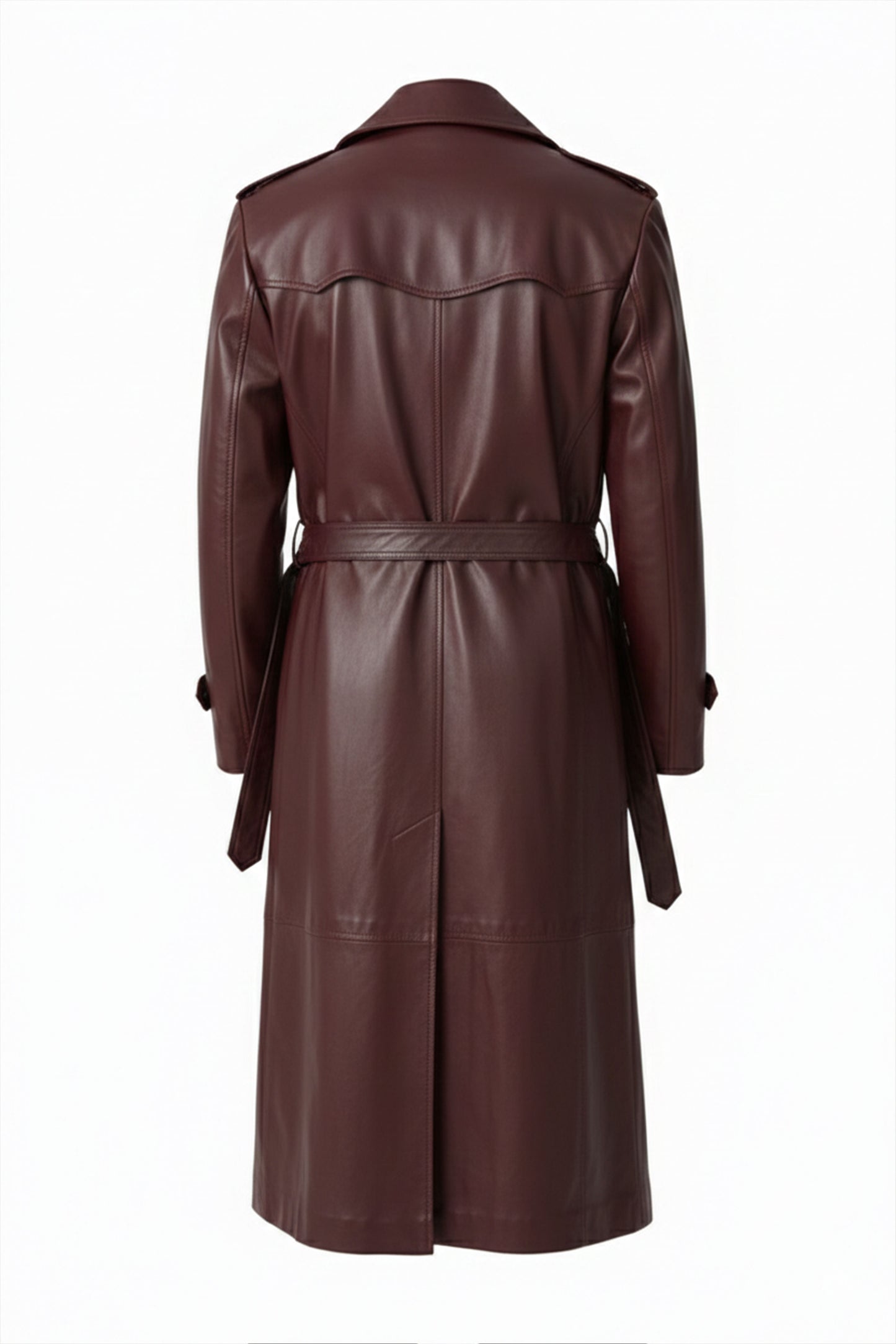 Burgundy Genuine Leather Men's Long Trench Coat