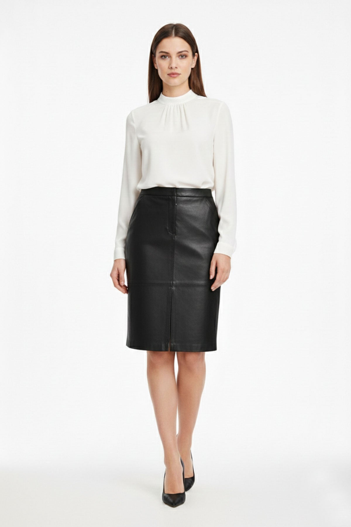Classic Black Leather Skirt with Slit