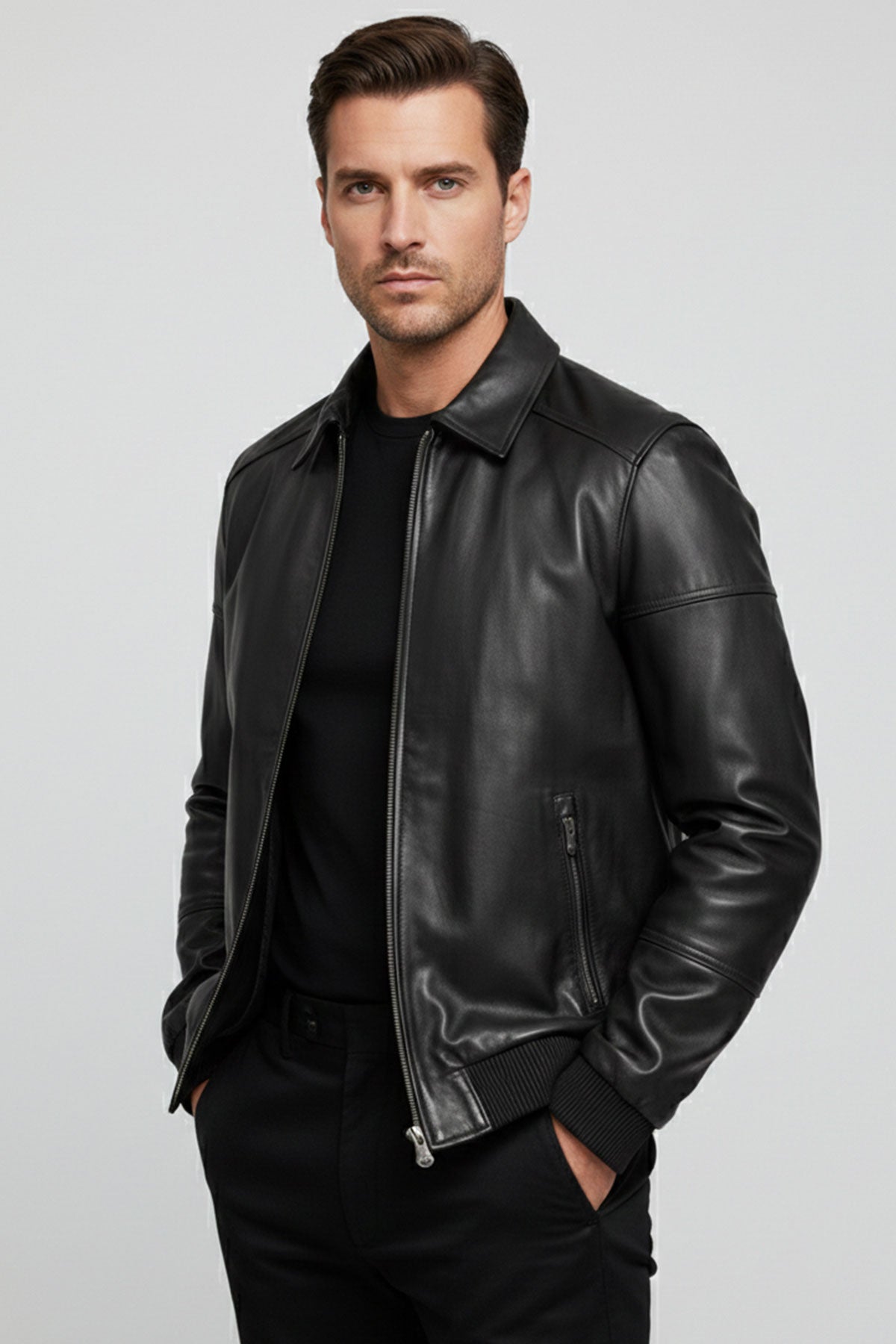 Black Classic Collar Genuine Leather Jacket