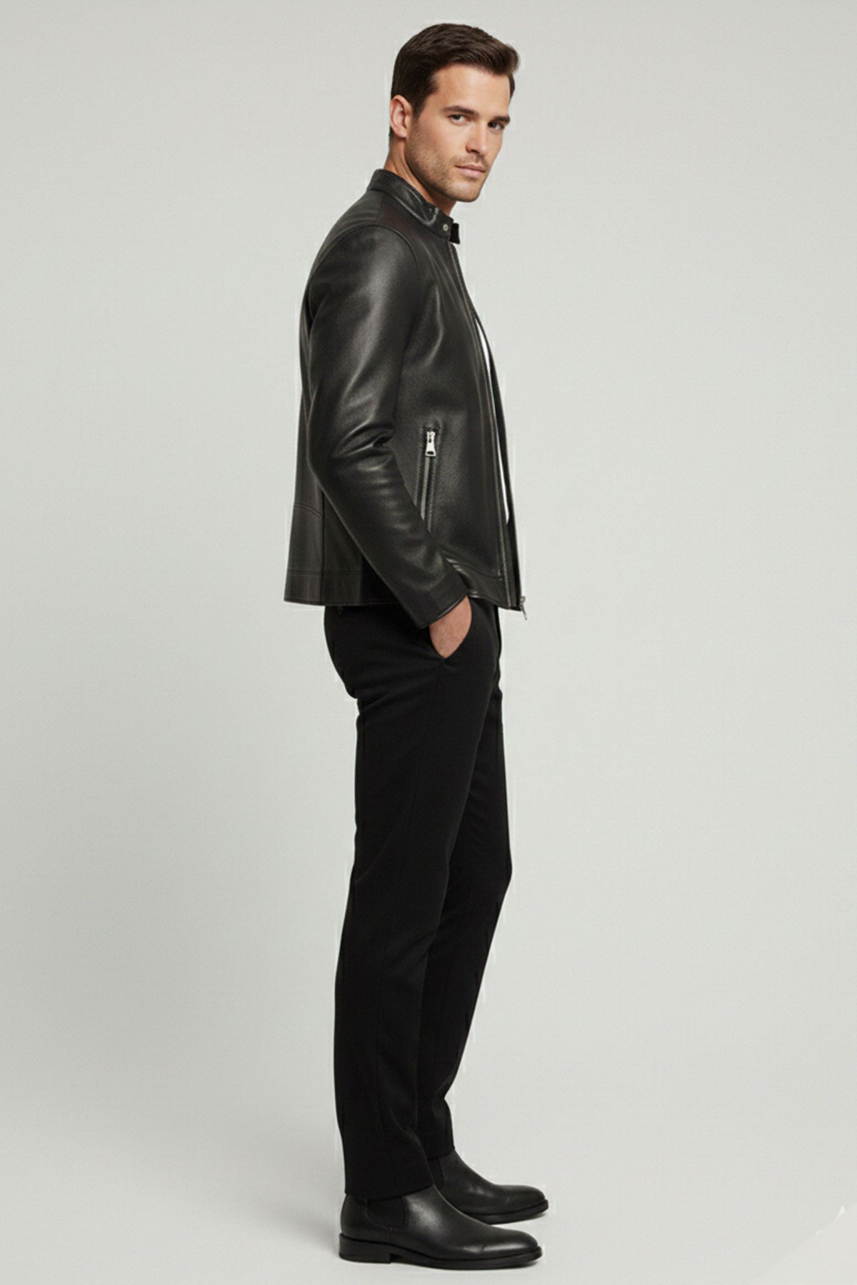 Black Stand Collar Genuine Leather Men’s Jacket