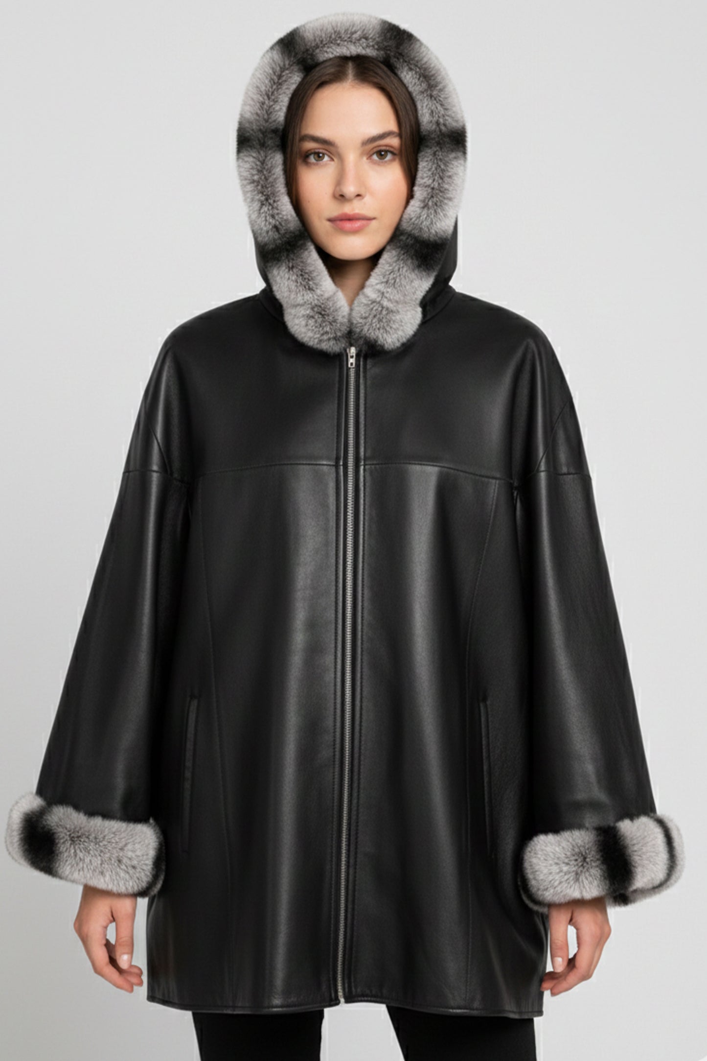 Black Wide Cut Inner Fabric Double-sided Hoodie and Sleeve brim Fur Women's Genuine Leather Coat