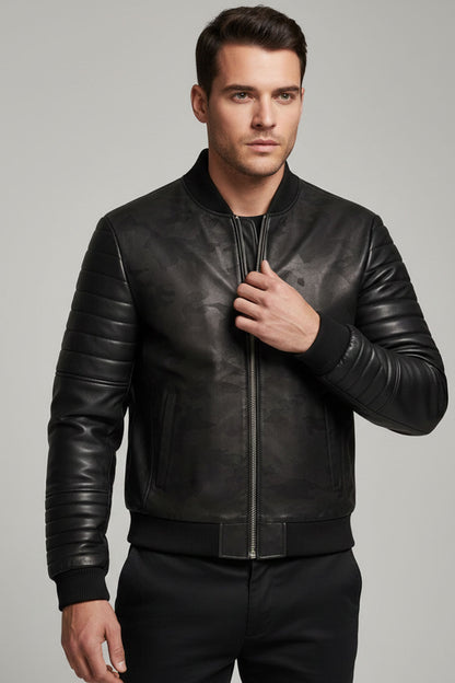 Black Camouflage Textured Genuine Leather Jacket