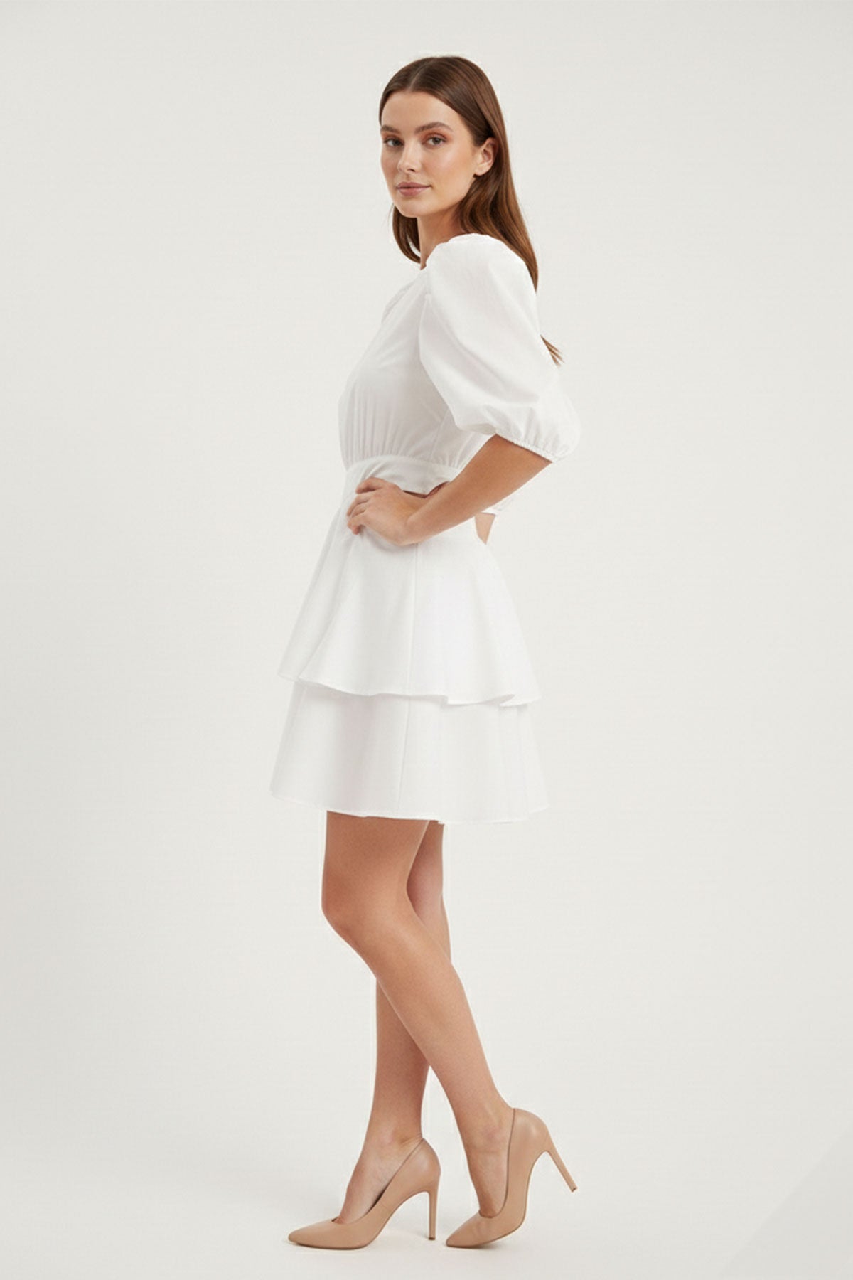 White Mini Dress Waistline and Ruffled Trim
