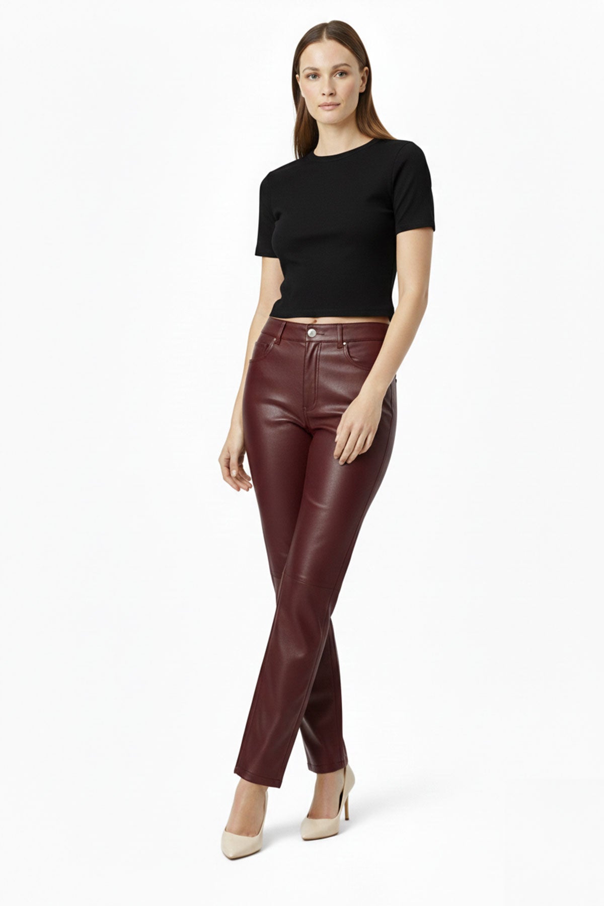 Burgundy Lora Regular Waist Straight Leg Women's Genuine Leather Trousers