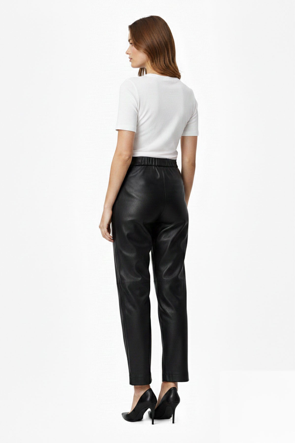 Black Women's Carrot Cut Belted Lined Genuine Leather Pants with Front Pockets