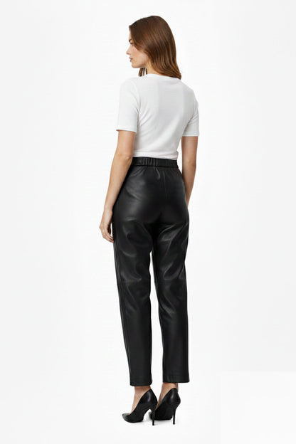 Black Women's Carrot Cut Belted Lined Genuine Leather Pants with Front Pockets