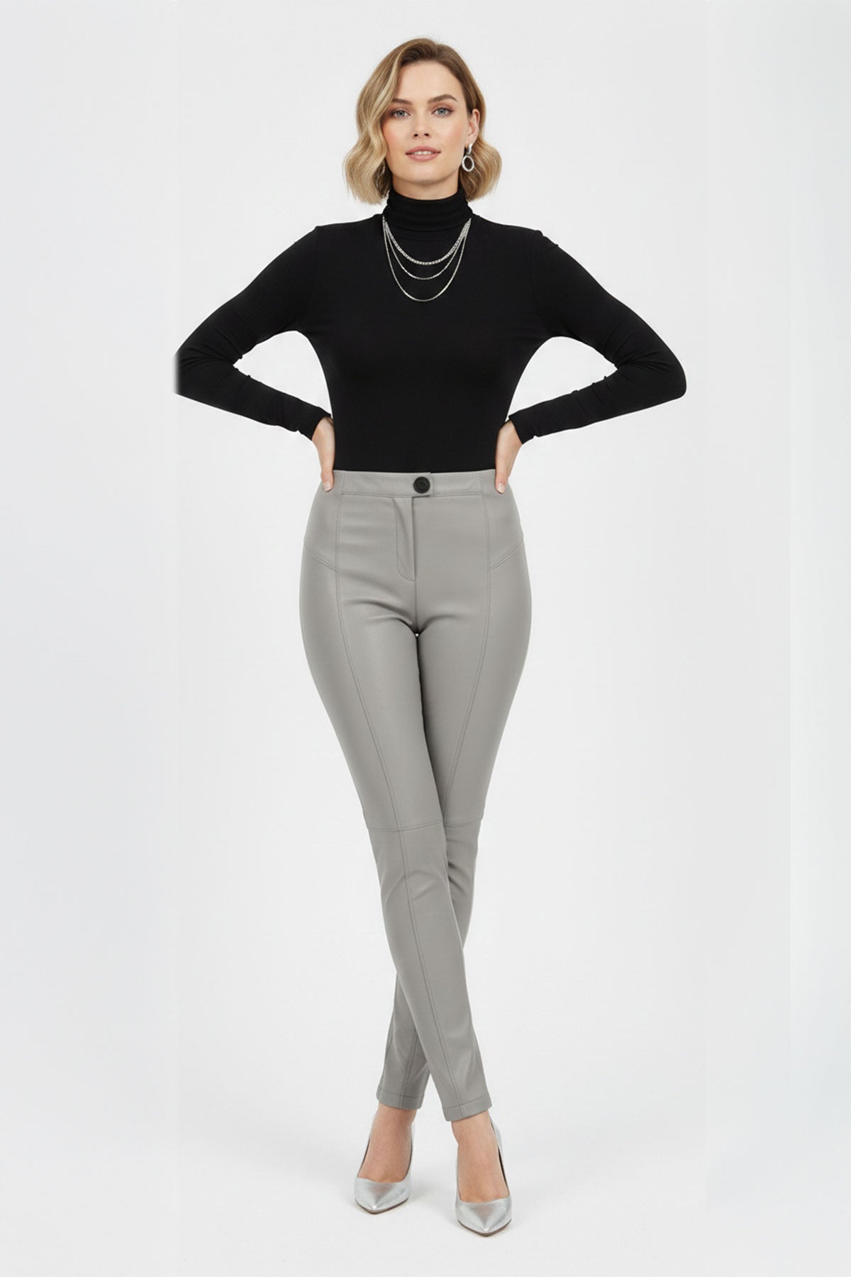 Grey Women's Leggings, Unlined, Front Zipper and Button Closure, Pocketless, Slim Fit, Genuine Stretch Leather Pants