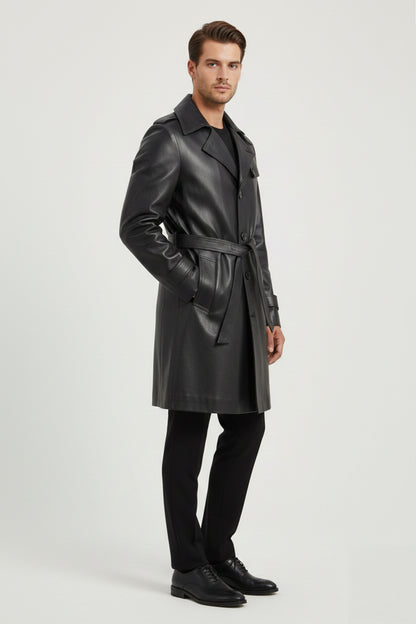 Men's Black Axel Genuine Leather Long Jacket with Lining and Slits