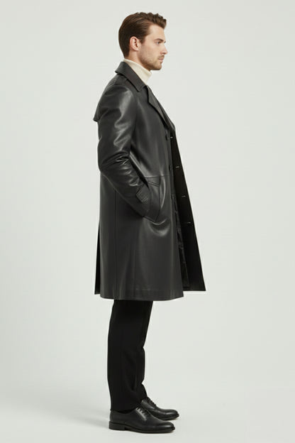Men's Black Axel Genuine Leather Long Jacket with Lining and Slits