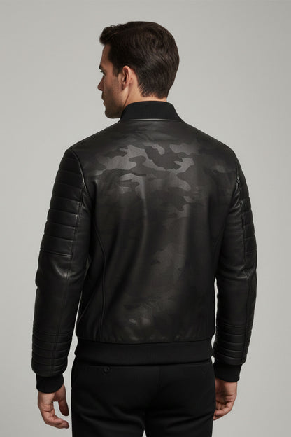 Black Camouflage Textured Genuine Leather Jacket