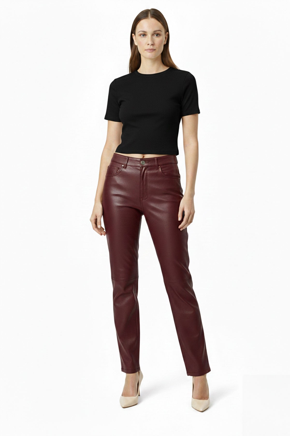 Burgundy Lora Regular Waist Straight Leg Women's Genuine Leather Trousers